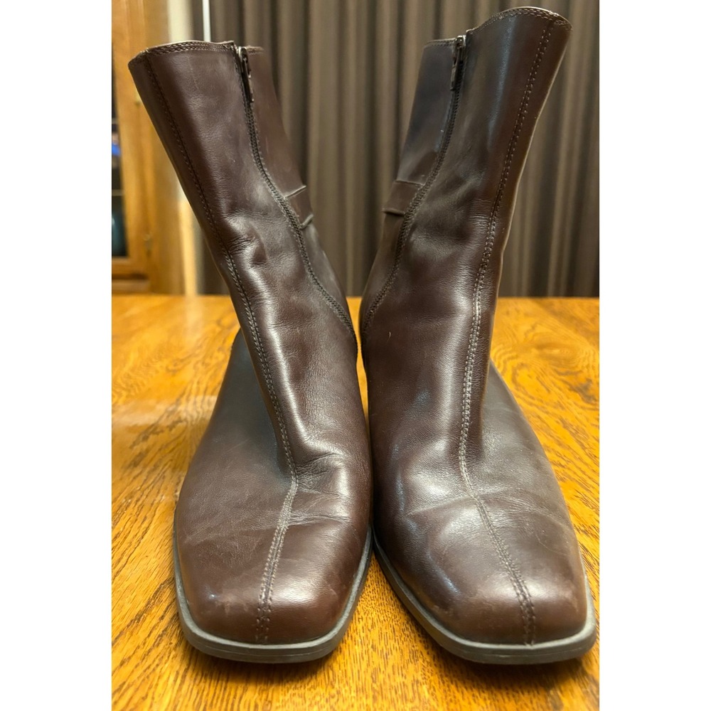 Anne Klein AK Fremont Brown Leather Square Toe Ankle Boots Block Heel iflex